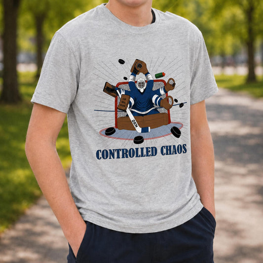 Controlled Chaos Hockey Goalie T-Shirt – USA Sustainable Cotton – Youth & Adult