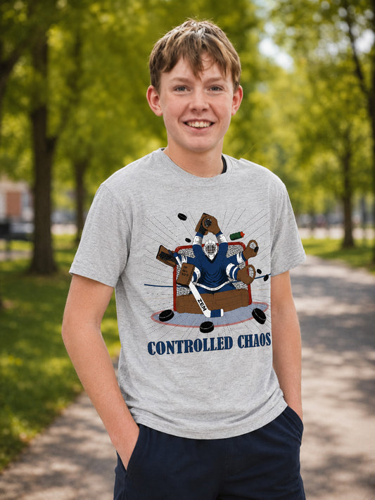 Unsupervised Goalies: Controlled Chaos Hockey Goalie T-Shirt – USA Sustainable Cotton – Youth & Adult