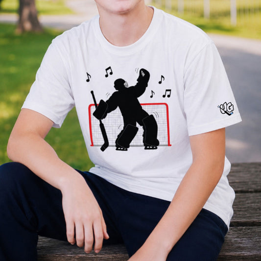 Dancing Goalie Hockey T-Shirt – USA Sustainable Cotton – Adult S–5XL